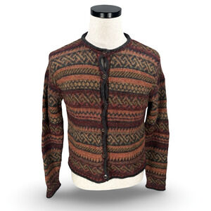 Fenwick Cardigan Sweater Women’s Medium Multi-Color Fair Isle knit 100% Alpaca